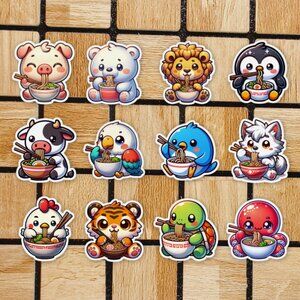 Animals Eating Ramen Sticker Pack of 12 Vinyl Stickers Waterproof Sticker Set